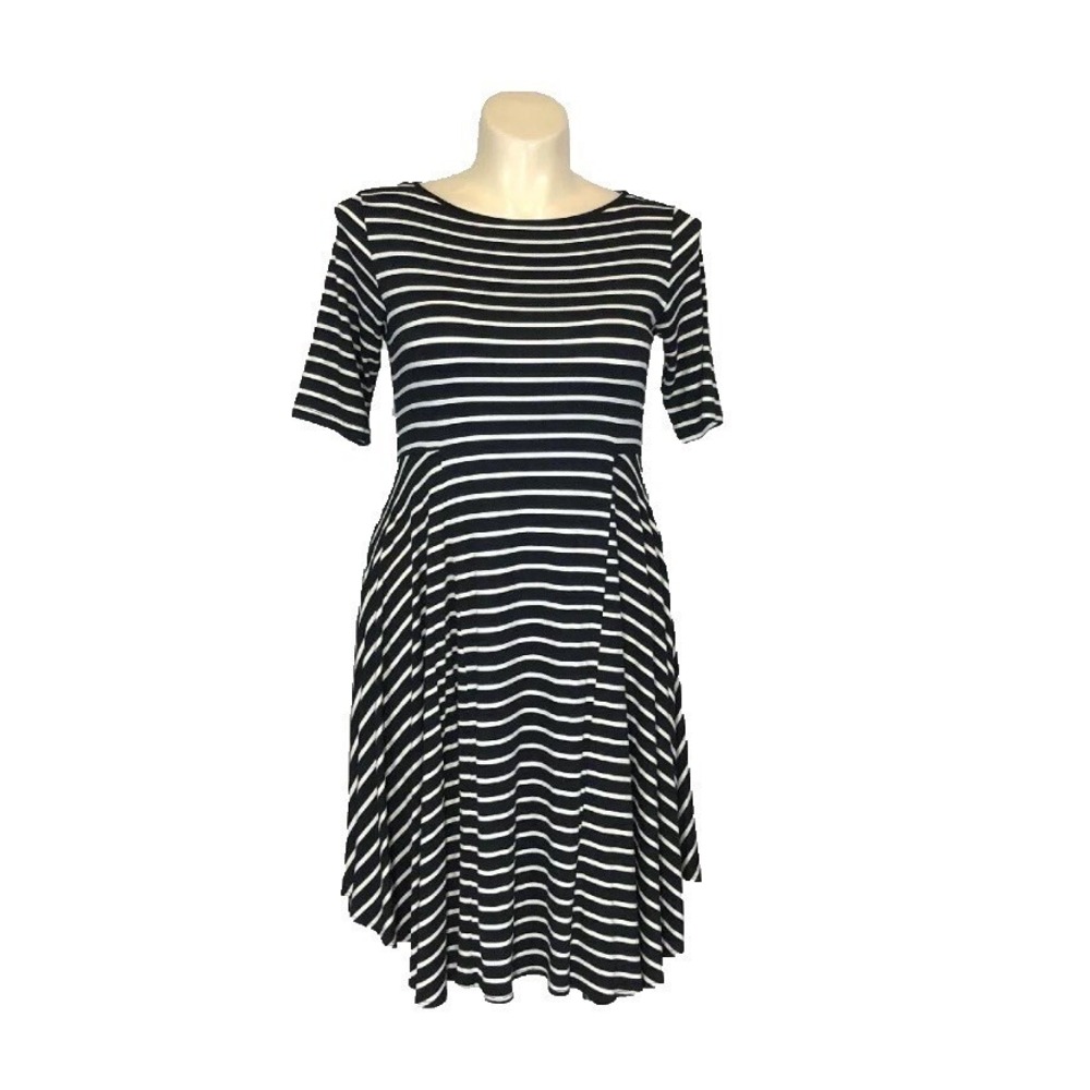 Comfy USA Dress MED White Black Stripe Midi Asymmetric Lagenlook Half Sl Stretch